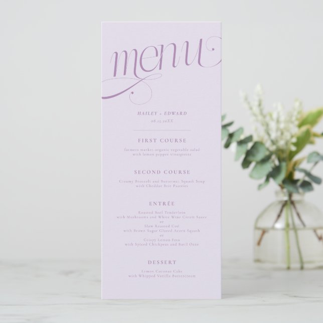 Elegant Swirl Lilac Wedding Menu (Standing Front)
