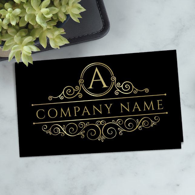 Elegant Swirl Monogram Gold on Black Business Card (Creator Uploaded)