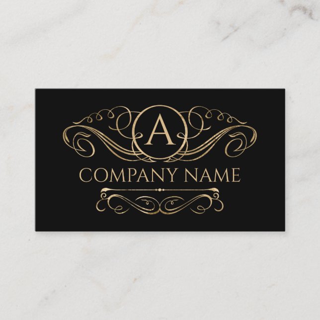 Elegant Swirl Monogram Gold on Black Business Card (Front)