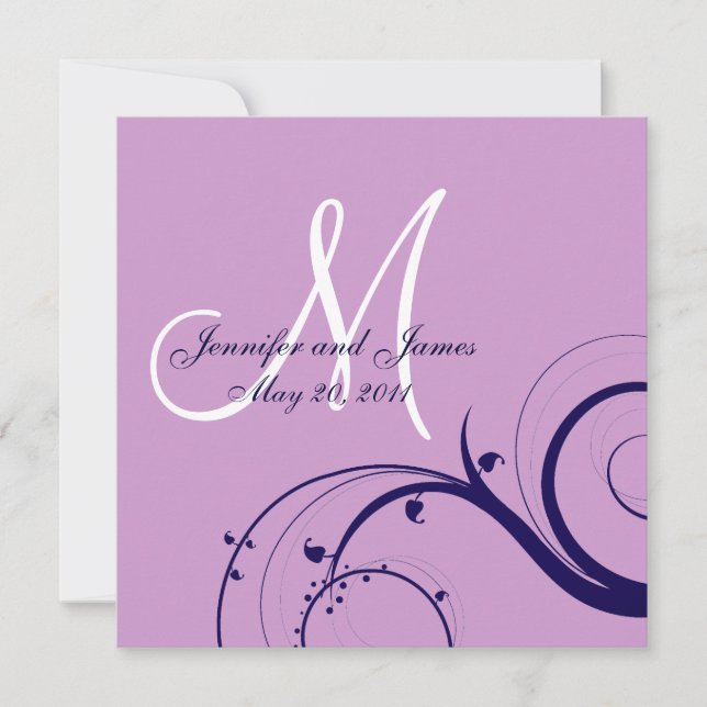 Elegant Swirl Purple Navy Wedding Invitation (Front)