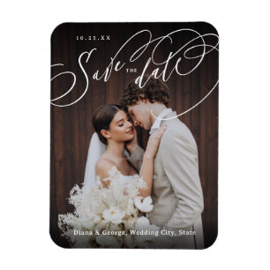 Elegant swirl script photo wedding save the date magnet