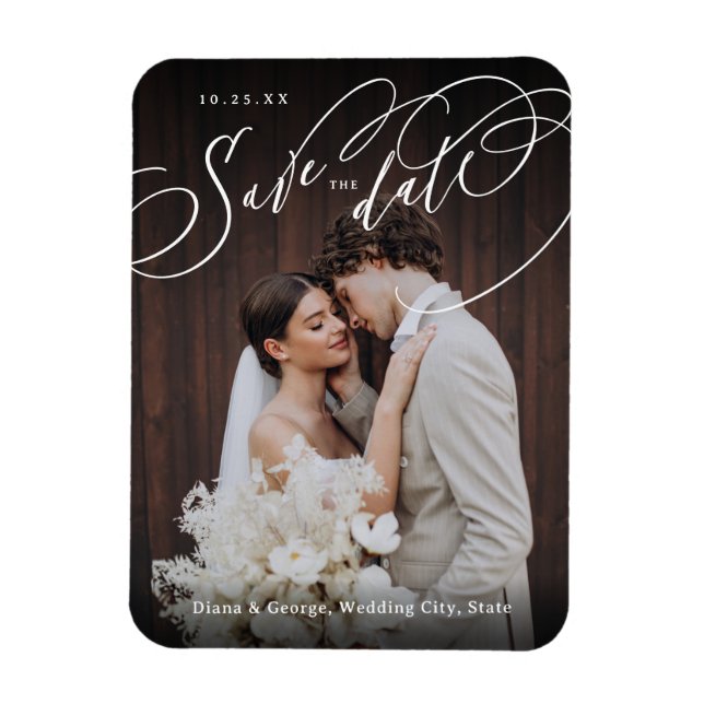 Elegant swirl script photo wedding save the date magnet (Vertical)