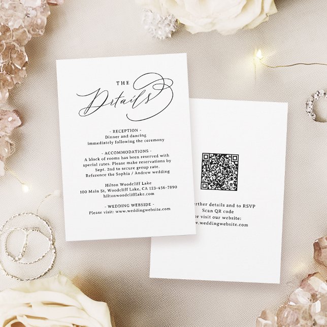 Elegant Swirl Script QR Code Wedding Details Card (Elegant Swirl Script QR Code Wedding Details Note Card)