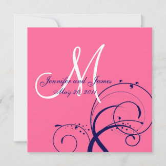Elegant Swirl Wedding Invitation Navy Pink Front