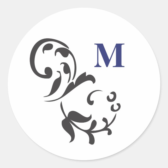 Elegant Swirl with Monogram-navy Classic Round Sticker (Front)
