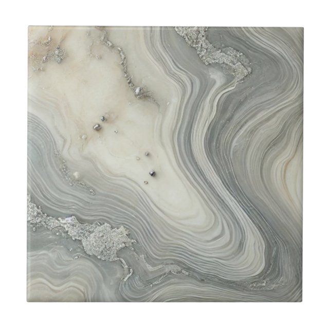 Elegant Swirled Marble Texture with Silver Accents Tile (Front)