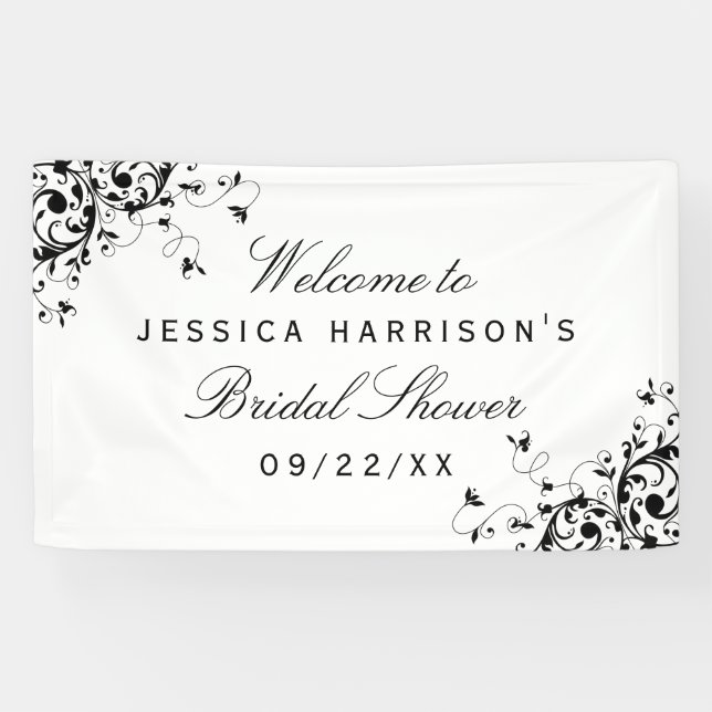 Elegant Swirls Black & White Bridal Shower Banner (Horizontal)