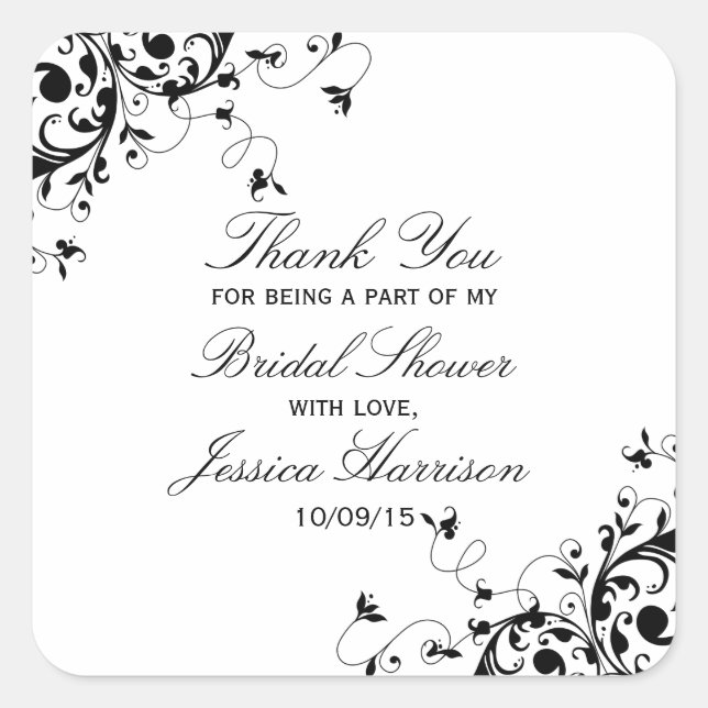 Elegant Swirls Black & White Bridal Shower Square Sticker (Front)