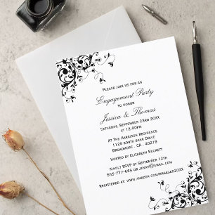 Elegant Swirls Black & White Engagement Party Invitation