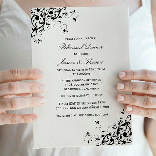 Elegant Swirls Black & White Rehearsal Dinner Invitation