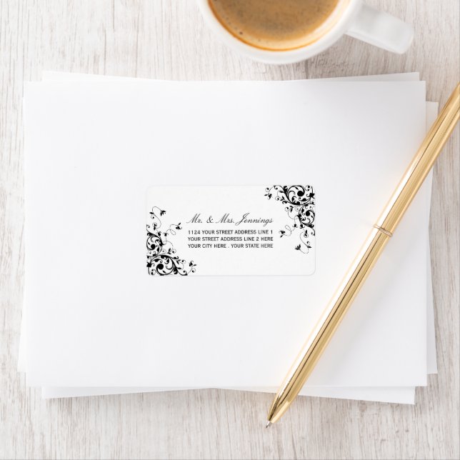 Elegant Swirls Black & White Wedding Labels (Insitu)