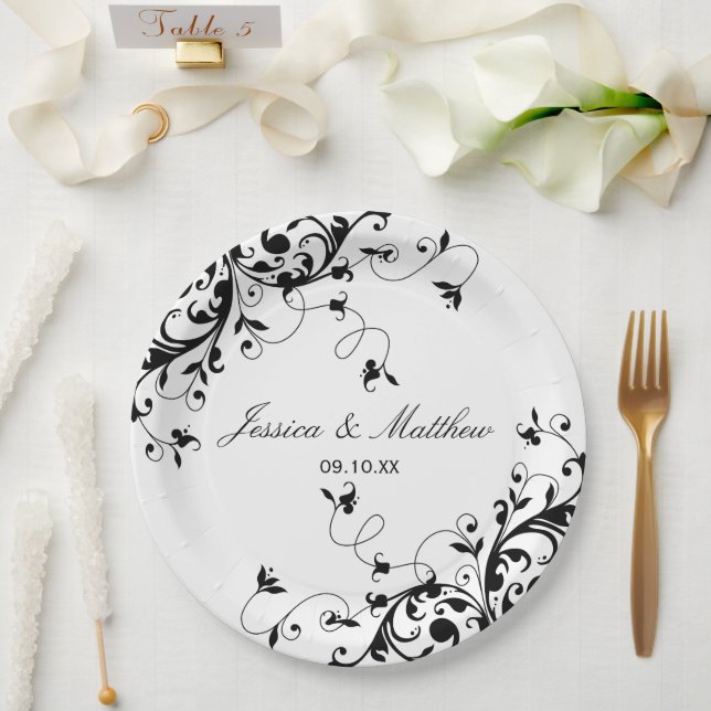 Elegant Swirls Black & White Wedding Paper Plate (Wedding)