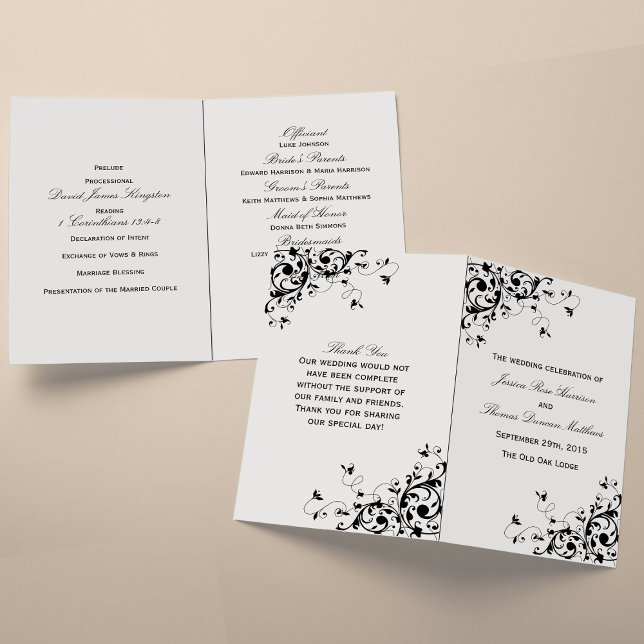 Elegant Swirls Black & White Wedding Program (Creator Uploaded)