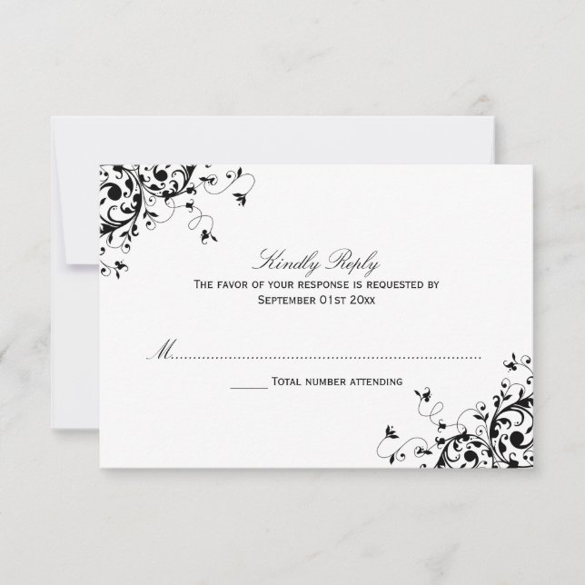Elegant Swirls Black & White Wedding RSVP Cards (Front)
