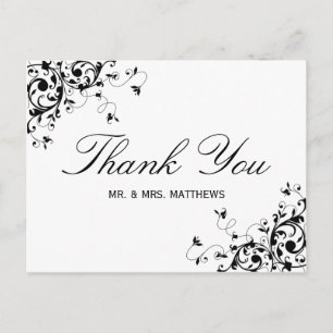 Elegant Swirls Black & White Wedding Thank You Postcard