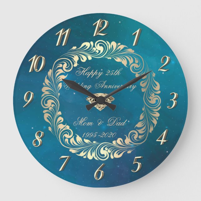 Elegant Swirls Blue 25th Wedding Anniversary  Large Clock (Front)