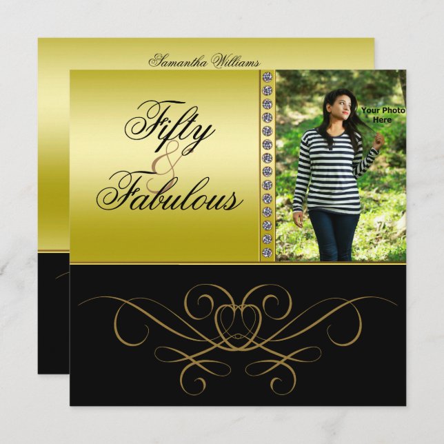 Elegant Swirls & Diamond Fabulous 50 Photo Women's Invitation (Front/Back)