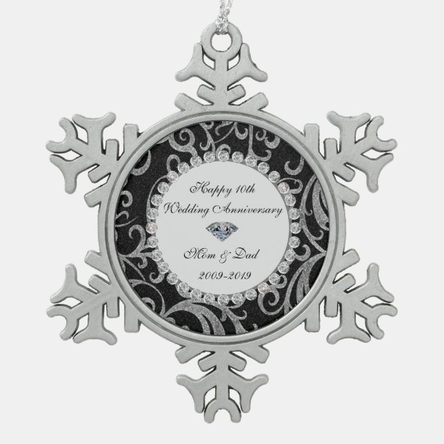 Elegant Swirls Diamonds 10th Wedding Anniversary Snowflake Pewter Christmas Ornament (Front)