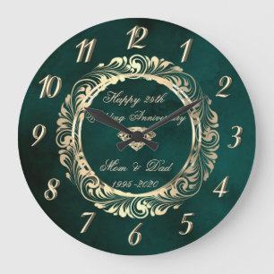 Elegant Swirls Green 25th Wedding Anniversary  Large Clock