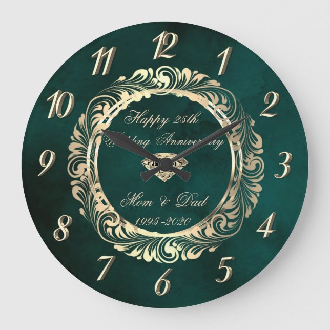 Elegant Swirls Green 25th Wedding Anniversary  Large Clock (Front)
