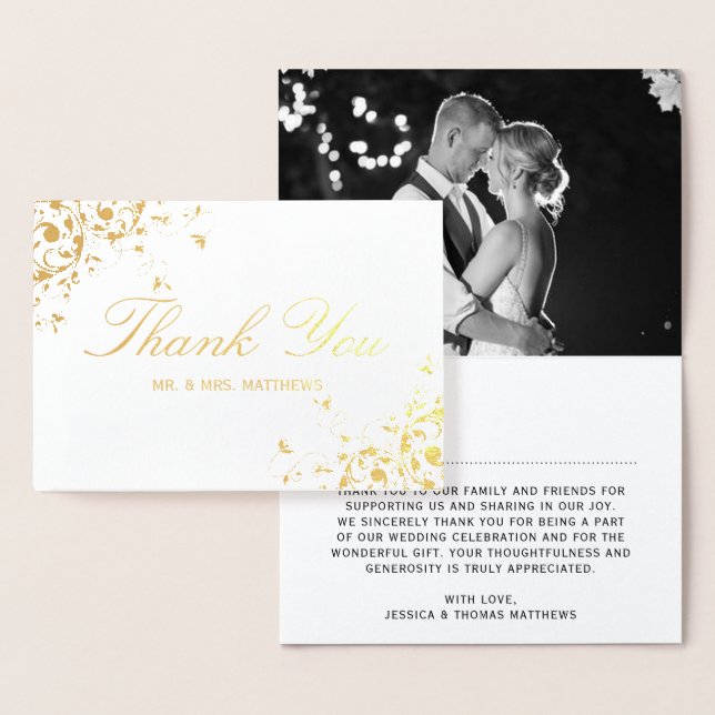 Elegant Swirls Photo Wedding Thank You Foil Card (Display)