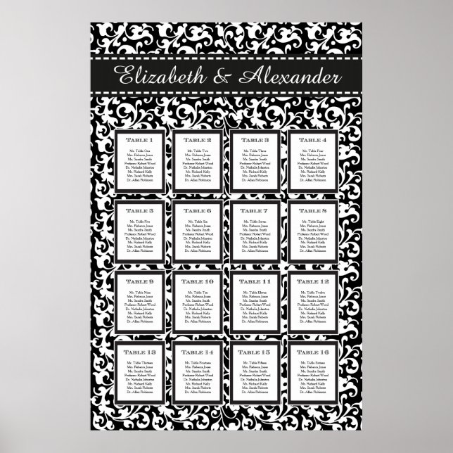Elegant Swirls Wedding 16 Table Seating Chart (Front)