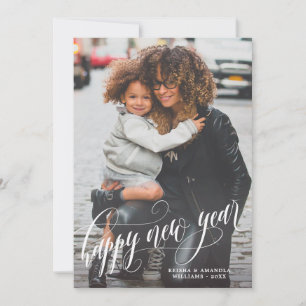 Elegant Swirly Happy New Year Photo Holiday Card