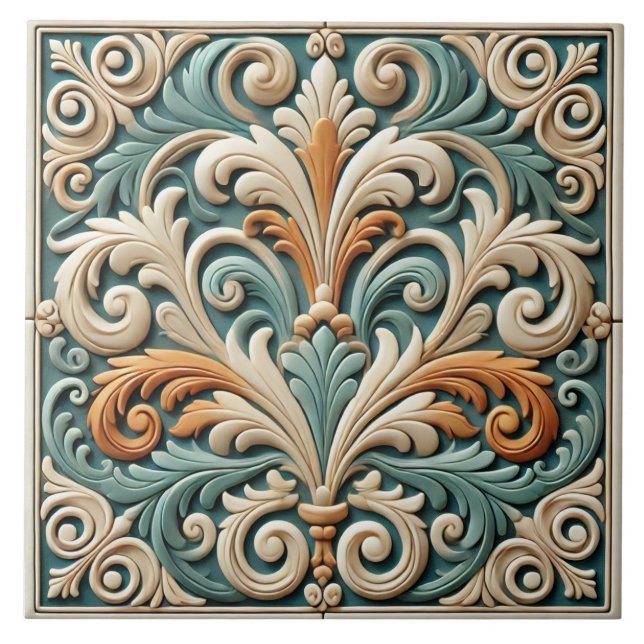 Elegant Symmetrical Floral Ceramic Tile (Front)