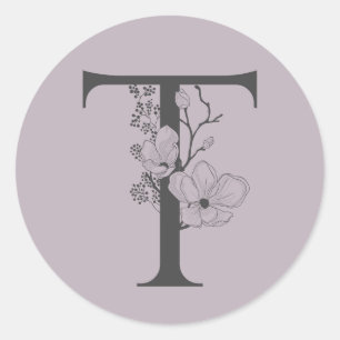 Elegant T Boho Floral Monogram Initial Lilac Grey Classic Round Sticker