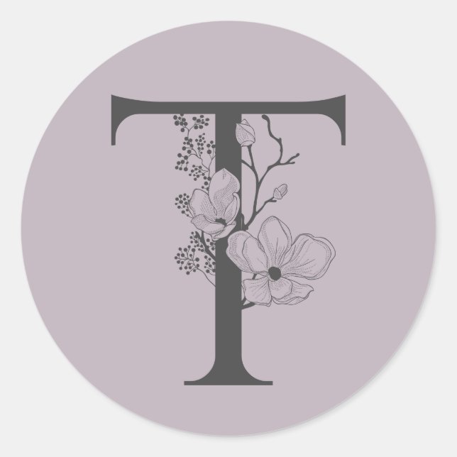 Elegant T Boho Floral Monogram Initial Lilac Grey Classic Round Sticker (Front)