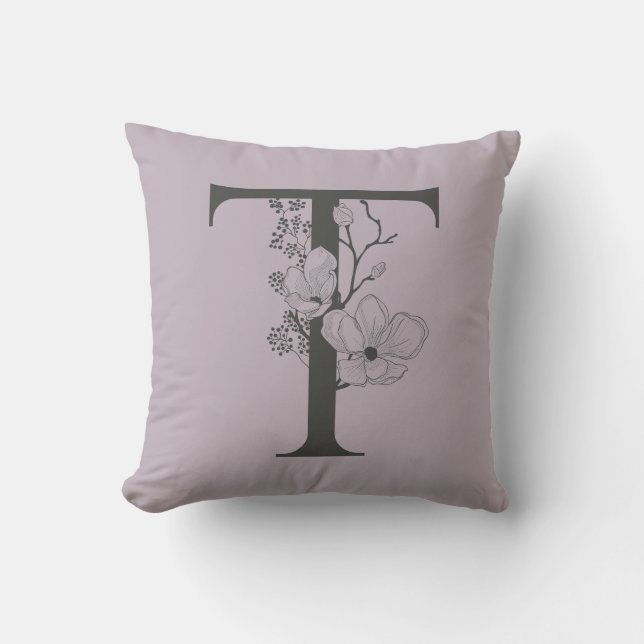 Elegant T Boho Floral Monogram Initial Lilac Grey Cushion (Front)