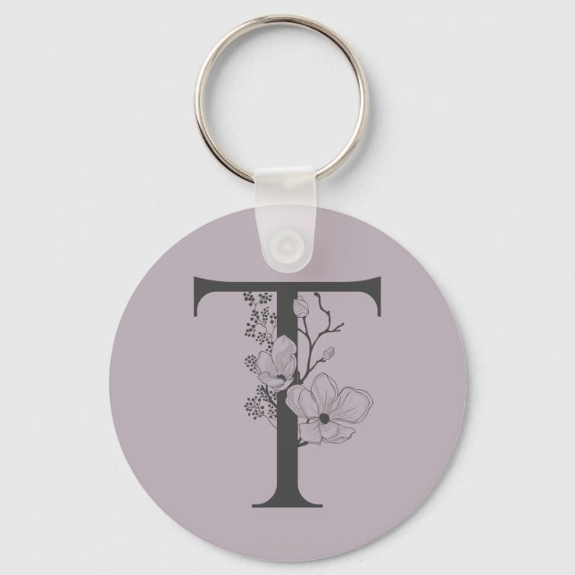 Elegant T Boho Floral Monogram Initial Lilac Grey Key Ring (Front)