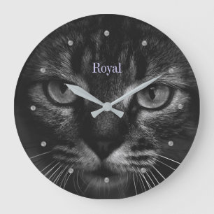 Elegant tabby cat on silver grey shades large clock