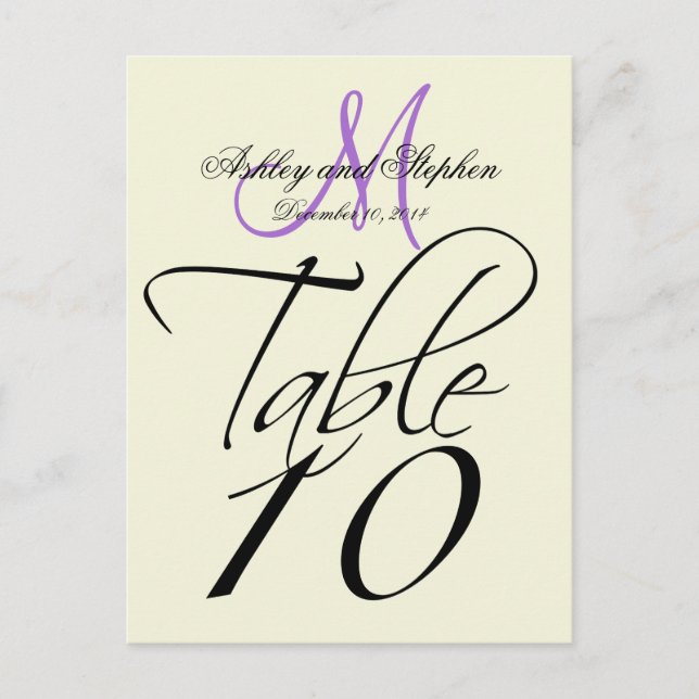 Elegant Table Number Card Wedding Beige Lavender (Front)
