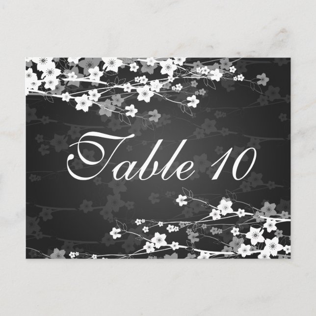 Elegant Table Number Cherry Blossom Black Postcard (Front)