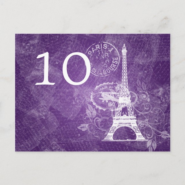 Elegant Table Number Romantic Paris Purple Postcard (Front)