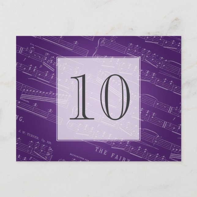 Elegant Table Number Sheet Music Purple Postcard (Front)