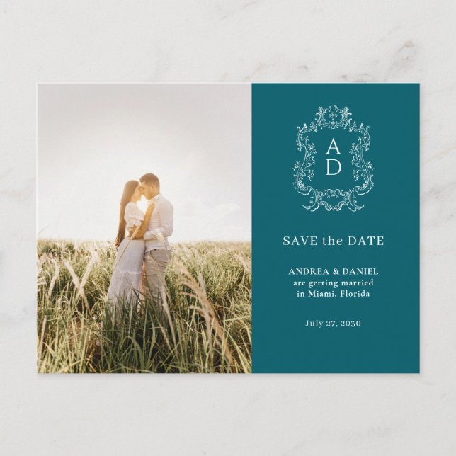 Elegant Tale Blue Photo Wedding Save the Date Postcard (Front)