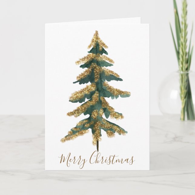 Elegant Tall Gold Green Merry Christmas Tree Photo Holiday Card (Front)