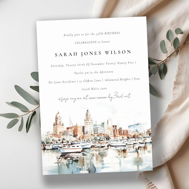 Elegant Tampa Florida Skyline Watercolor Birthday Invitation (Creator Uploaded)