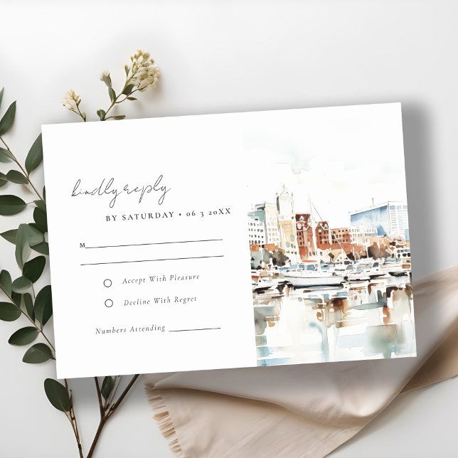 Elegant Tampa Florida Skyline Watercolor Wedding RSVP Card (Creator Uploaded)
