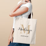Elegant Tan Black Custom Wedding Bridesmaid Name Tote Bag<br><div class="desc">Elegant custom wedding tote bag features a personalized monogram typography design with modern calligraphy script name and serif monogram initial in neutral light tan brown and black colors. Includes custom text for a bridal party title like "BRIDESMAID" or other preferred wording.</div>