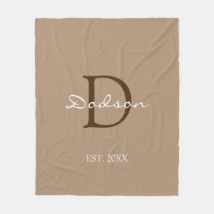 Elegant Tan Brown White Script Monogram Name Fleece Blanket