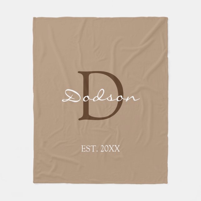 Elegant Tan Brown White Script Monogram Name Fleece Blanket (Front)