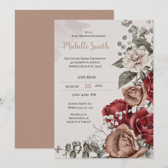 Elegant Tan Burgundy  Floral Baby Shower   Invitation (Front/Back)