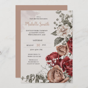 Elegant Tan Burgundy  Floral Baby Shower   Invitation