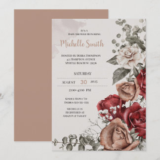 Elegant Tan Burgundy Floral Baby Shower Invitation