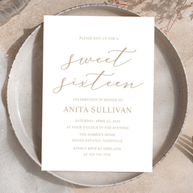Elegant Tan Calligraphy Sweet Sixteen 16 Birthday Invitation (Creator Uploaded)