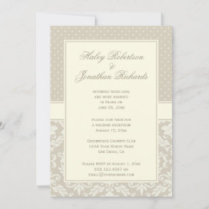 Elegant Tan Ivory Damask Polka Dots Reception Only Invitation