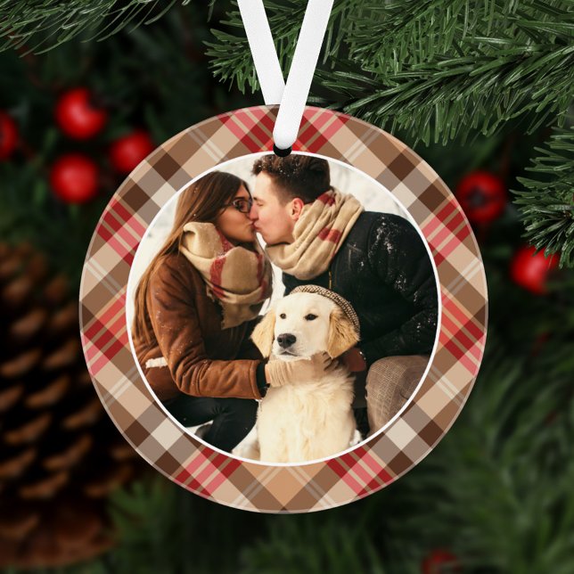 Elegant Tan Tartan Plaid Christmas Monogram Photo Ornament (Creator Uploaded)